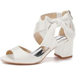 HFWXYSA Vrouwen Peep Toe Hoge Hakken Bruids Sandalen Chunky Blokhak Satijn Prom Avond Trouwjurk Schoenen,ivoor,35 EU
