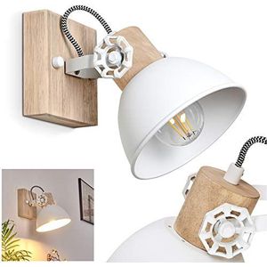Wandlamp Orny, verstelbare wandlamp van metaal/hout in wit/bruin, 1-lamp, 1 x E27-fitting, wandspot in retro/vintage design, zonder gloeilampen