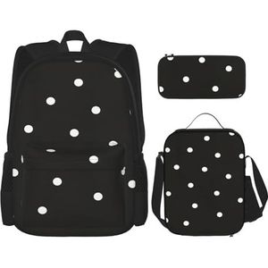 SUHNGE Hond Bloemenprint Lichtgewicht Rugzak Set van 3 Stuks (Potlood Case Schooltas Lunch Bag Combinatie), Dot Zwart & Wit, Eén maat