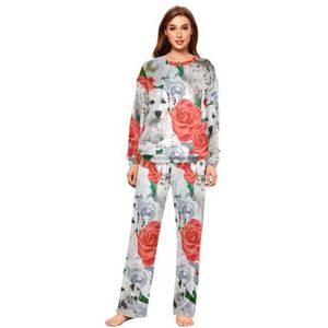 YOUJUNER Pyjama sets voor vrouwen, bloemen Dalmatiërs Patroon Winter Warm Nachtkleding Zomer Loungewear Set Pjs Nachtkleding Set, Meerkleurig, L