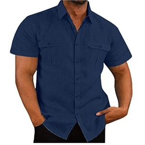 Linnen Overhemd Met Korte Mouwen For Heren Zomer Casual Overhemden Effen Kleur Los Vrijetijdsoverhemd Met Knopen Top Met Zak Top Zomeroverhemd Hawaïaans heren t-shirt (Color : Blue A, Size : XXL)