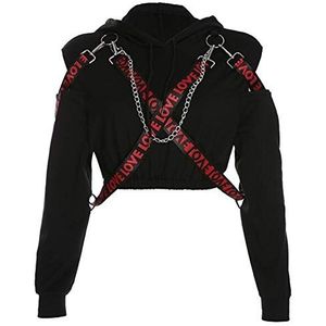 DANGAO Gothic Punk Hoodies Crop Top Sweatshirt met capuchon voor dames, plus size hoodie, losse ketting, pullovers (kleur: zwart, maat: klein)