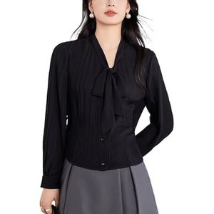 ROUZIHU Gekreukt Chiffon Shirt Strik Slanke V-hals Shirt Dames Lange Mouw Kort Shirt(Schwarz,XXL)