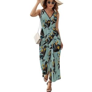 Bloemen Zwart Raven Blauw Lint Vrouwen Mouwloze V-hals Maxi Jurk Casual Zomer Lange Jurk