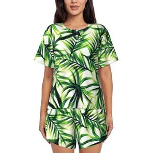 YQxwJL Palmboom Groene Bladeren Print Vrouwen Pyjama Sets Shorts Korte Mouw Lounge Sets Nachtkleding Casual Pjs Met Zakken, Zwart, XXL