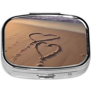 Strand Love Print Pillendoosje 2 Compartimenten Kleine Pillendoos met Spiegel Pillen Organizer Draagbare Geneeskunde Pillendoos voor Reizen Pocket Purse