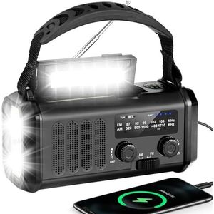 YIKANWEN Slingerradio met 20000mAh Oplaadbare Accu, Draagbare Zonne-radio, Noodradio met Dynamo AM/FM, Powerbank, LED Campinglamp, SOS Alarm, Kompas (Zwart)