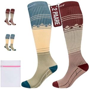 360 Relief 2 Paare Compressiekousen 15-20 mmhg - Klasse 1 Premie Compressiesokken voor Vrouwen en Mannen - Dagelijkse Ondersteuning voor Hardlopen, Reizen, Sportherstel - S/M Grün&Braun Met Waszakje