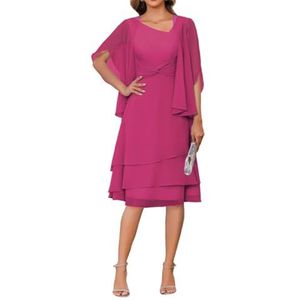 2 Stuks Moeder van de Bruid Jurk voor Bruiloft 3/4 Mouwen Chiffon Avond Prom Jassen met Jas, Fuchsia, 32