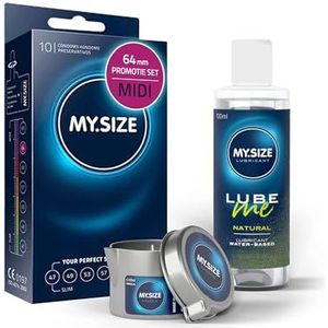 Voordeelverpakking MY.SIZE-condooms 64 mm, pak van 10 + MY.SIZE natuurlijk glijmiddel 100 ml + MY.SIZE-massagekaars