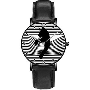 Kat Op Zwart Wit Strepen Persoonlijkheid Business Casual Horloges Mannen Vrouwen Quartz Analoge Horloges, Zwart