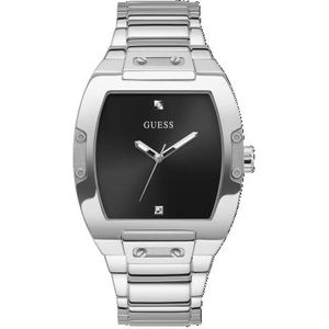 GUESS Heren Trend Casual Tonneau Diamond 43mm Horloge, Zilverkleurige/zwarte armband, one, armband