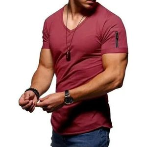 LQHYDMS T-shirts Mannen Mannen T-Shirt Effen Kleur Zip Pocket V-hals Korte Mouw T-Shirt Fit Plus Size Tee Stijlvolle Top Zomer, Wi Rood, L
