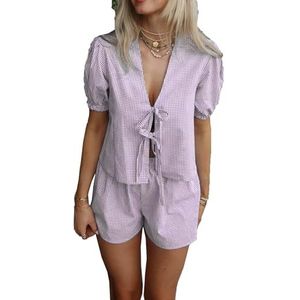 Dames Lounge 2-delige outfits Sets Korte mouw Button Down Shirt Shorts Set Y2k Zomer Strandvakantie Gedrukte kledingsets(Color:Purple,Size:X-Large)
