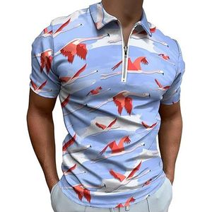 Flying Flamingos Among Clouds Poloshirt voor heren, golfshirt met rits, T-shirt met korte mouwen, casual T-shirt, spiertops, 2XL