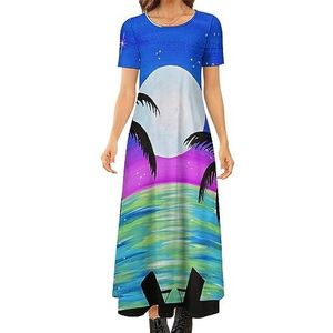 Moonlight Relaxing Beach Dames Zomer Casual Korte Mouw Maxi Jurk Ronde Hals Gedrukt Lange Jurken 8XL