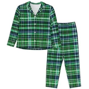 JEJEA Blauw en Groen Schotse Tartan print Comfy 2-delige Nachtkleding Lounge Set Pyjama Set Lange Mouw Nachtkleding Nachtkleding Nachtkleding, Zwart, S