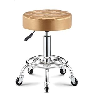 FXLUHAY Ronde rollende salonkruk in hoogte verstelbare draaibare kruk, kantoornagel pedicure-kruk opstellen krukken stoel met wielen en bredere ronde zitting voor medische spa esthetiek (goud)