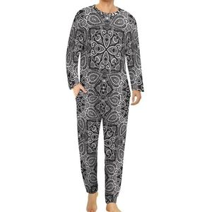 Zwarte Mandala Paisley Comfortabele Heren Pyjama Set Ronde Hals Lange Mouw Loungewear met Zakken 6XL