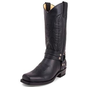 KYOESCAI Westernlaarzen Voor Heren, Halfhoge Cowboylaarzen Met Brede Vierkante Neus En Gespen Met Studs Lente Herfst Wandelen Trekking Jagen,zwart,40 EU