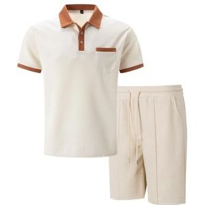 Crossover Zomer Heren Revers Gekleurde Borstzak Gesp Korte Mouw en Shorts 2-delige Set(White,XL)