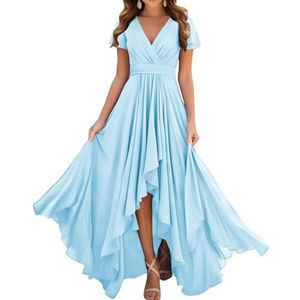 Prinses Bruidsmeisjes Jurken Flutter Mouw Galajurken Chiffon Formele Avondfeest Maxi Jurk met Split ZM209, Lichtblauw, 32