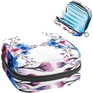 Art Blue and Pink Flowers Border maandverband Opbergtas, Grote Menstruatie Cup Pouch met rits, Menstruatie Pads Bag Store Panty Liners Tampons voor Meisjes Vrouwen