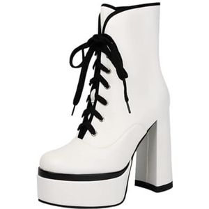 Veterlaarzen Dames Gothic Enkellaarsjes Met Blokhak 13 Cm Hoge Hak Waterdichte Plateau Ankle Boots Winter PU Leren Biker Laarzen Dames Elegante Avondschoenen(White,42 EU)