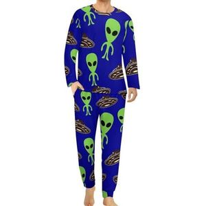 Groene UFO Aliens Comfortabele Heren Pyjama Set Ronde Hals Lange Mouw Loungewear met Zakken 6XL