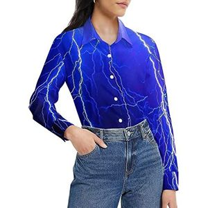 Blue Lightning Dragon damesshirt met lange mouwen en knoopsluiting, casual werkshirts, tops, 5XL