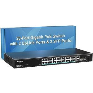 VIMIN 24-poorts Gigabit PoE Switch Unmanaged met 2 Uplink Gigabit poorten & 2 SFP, 28-poorts PoE Power Ethernet Switch met 320 W hoge prestaties, ondersteuning van IEEE802.3af/at, VLAN, rackmontage