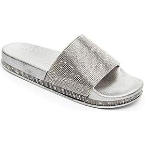 Yikoly Slippers met glitter, strass, modieus, plat, antislip, zomer, strand, sandalen, huisschoenen voor dames, zomer, indoor/outdoor, schattige sandalen, maat 36-41, zilver, 40 EU