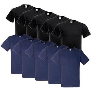 Fruit of the Loom T-shirt, met V-hals, in verschillende maten en kleuren, 10 stuks, 5 zwart - 5 donker marineblauw, XXL