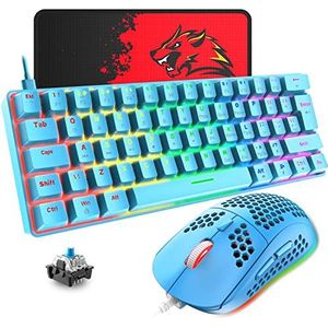 T60 Bekabeld Gamingtoetsenbord en Muis Set, Mini 60% Compact Mechanisch Toetsenbord 62 Toetsen, 19 Regenboog LED-licht, UK Layout + 6400 DPI PS4 Gaming Muis + Muismat voor PC, Mac - Blue Switch/Blauw