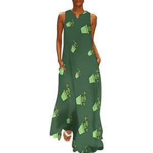 Schattige cactus in groene pot dames enkellengte jurk slim fit mouwloze maxi-jurken casual zonnejurk 4XL