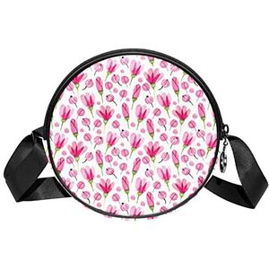 Ronde Crossbody Tas Roze Bloemen Patroon-01 Messenger Bag Purse voor Vrouwen, Meerkleurig, 6.7x6.7x2.3 in, Sling Rugzakken