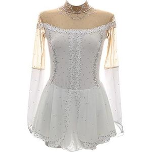 Nnnydjy Kunstschaatsjurk met hoge kraag voor meisjes Schaatswedstrijdkleding voor dames Eenvoudig ruimvallend turnpakje voor ritmische gymnastiek Handgemaakt Schaats kostuum voor dames,Wit,11_13Years