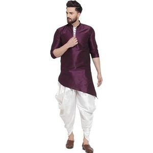 Lakkar Haveli Heren Indisch traditioneel paars shirt Kurta Trail Cut bruiloft feestkleding grote lange witte dhoti broek set zijde (X-Large), Paars, XL