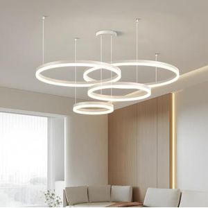 WayLuoung LED Metalen Kroonluchter | 4 Cirkels 40+60+80+100cm | 120W Ringen Plafond Hanglamp, Dimbare Afstandsbediening 3000-6000K, Acryl Schaduw Hanglamp, Woonkamer Slaapkamer Foyer Eetkamer【Wit】