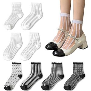 8 Paar Doorzichtige Sokken, Zwart Witte Transparante Nylon Sokken voor Dames, Transparante Sokken Klederdrachtsokken Enkelsokken voor Dames