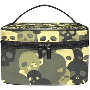 Banaan Streep Make-up Tas Voor Vrouwen Meisjes Cosmetische Tassen Met Handvat Reizen Make-up Organizer Bag, Camo Skull Groen, 8.9x5.9x5.4 Inches, Make-up Pouch