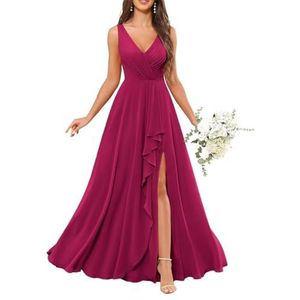Chiffon baljurken voor dames, mouwloos, bruidsmeisjesjurken voor bruiloft, cocktailjurk, grote maten, Fuchsia, 36