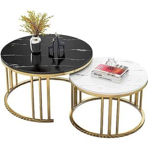 Nesting salontafel set van 2 ronde salontafels moderne cirkeltafel voor woonkamer accent einde bijzettafel marmer patroon dichtheid bord houten blad goud stevig metalen frame (kleur: A1, maat: 80 cm +