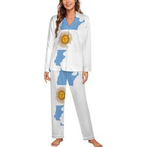 Argentinië Vlag Kaart Vrouwen Lange Mouw Button Down Nachtkleding Zachte Nachtkleding Lounge Pyjama Set L