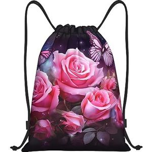 BTCOWZRV Trekkoord Rugzak Rose en Vlinders Roze Print String Bag Verstelbare Gym Trekkoord Tas Sport Sackpack, Zwart, Medium