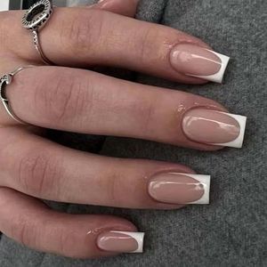 24 stuks korte kunstnagels - natuurlijke gradiënt persnagels - huidskleur natuurlijke look Franse stijl kunstnagels met lijm(Nude white)