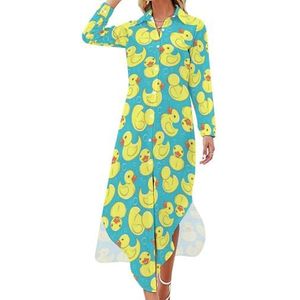 Gele rubberen eend en bubbels maxi-jurk voor dames, lange mouwen, knoopjurk, casual feestjurk, lange jurk, 4XL