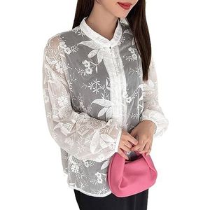 dames topjes Overhemd met geborduurde bloemen en knopen aan de voorkant - Elegante opstaande kraag Lange mouwen Bisschopmouwen Oversized niet-stretchstof (Color : Wei�, Size : L)