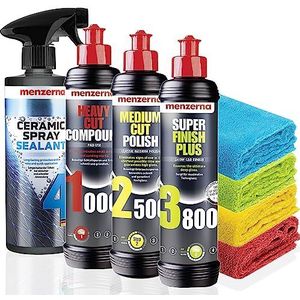Menzerna Polijstset voor auto's: Menzerna Heavy Cut Compound 1000 + Medium Cut Polish 2500 + Super Finish Plus 3800, 250 ml + Ceramic Spray Sealant Protection 0,5L + 4x microvezeldoek 40 x 40 cm, 550