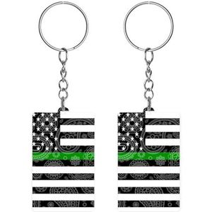 Amerikaanse vlag dunne groene lijn Paisley acryl sleutelhanger met sleutelhangers grappige sleutelhanger cadeau voor vaderdag Moederdag Kerstmis